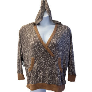 White Birch Brown Hoodie Long Sl Womens Size S Oversized V neck Floral Frenzy